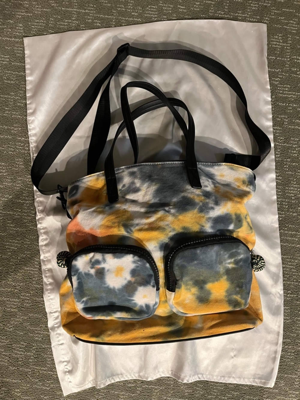 Tie-Dye Canvas Tote Bag with Front Pockets - Yellow, Gray, Blue